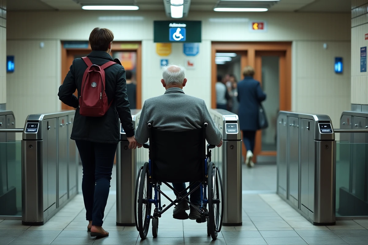 Homme en fauteuil avec accompagnant près d