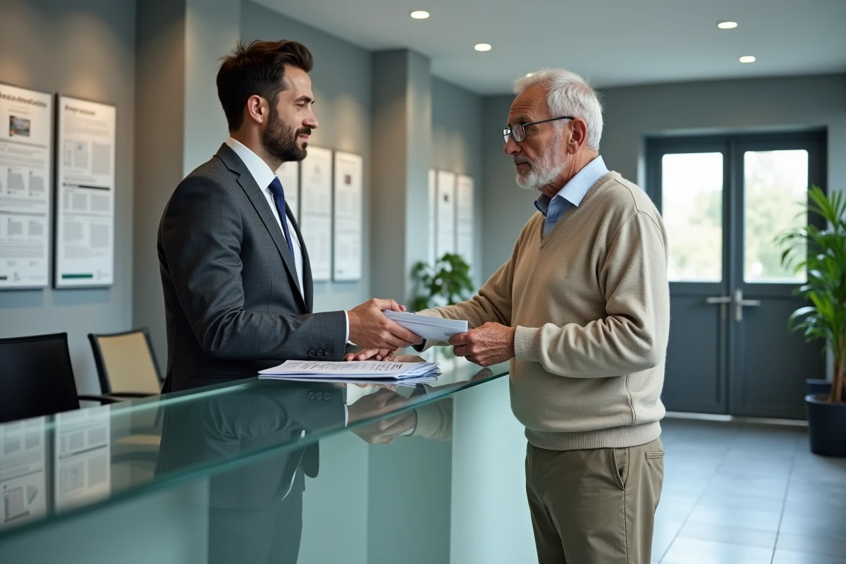 Notaire remettant une brochure d'information à un client senior dans la salle d'accueil de la chambre des notaires