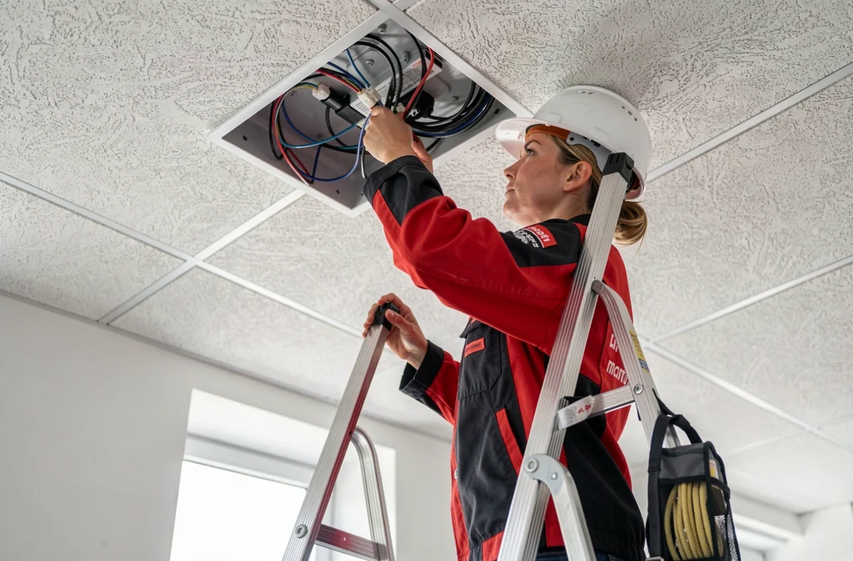 Électricienne ADI Electricité connectant des fils dans un boîtier de jonction au plafond d'un bureau