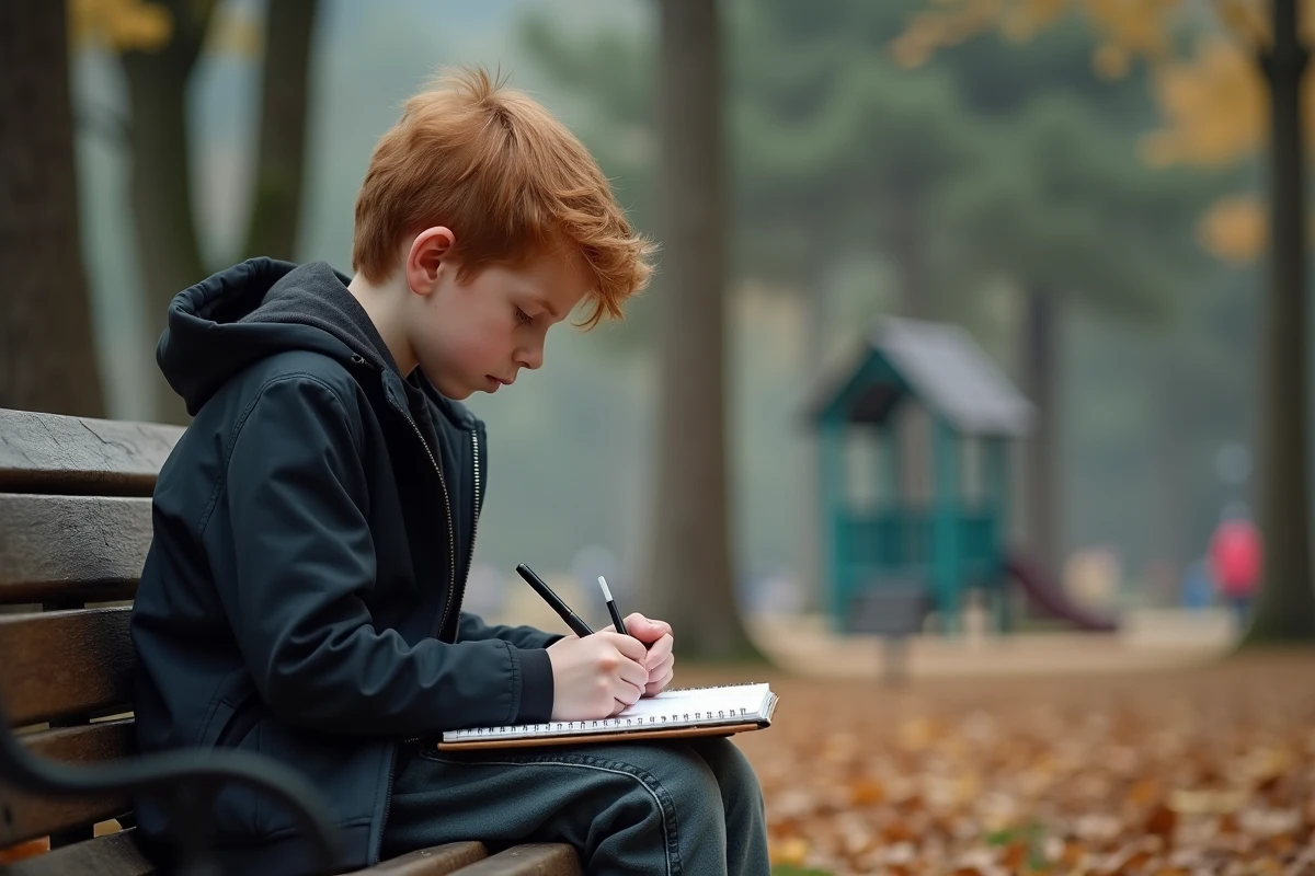 Adolescent dessinant dans un parc avec arbres et feuilles mortes