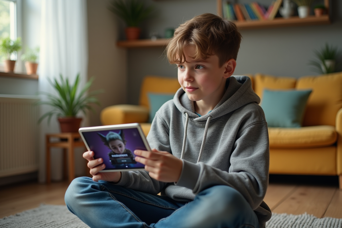Adolescent jouant à un jeu sur tablette dans un salon lumineux