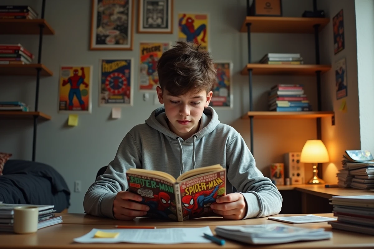 Adolescent lisant un comic book Spider-Man dans sa chambre entourée de posters et de bandes dessinées