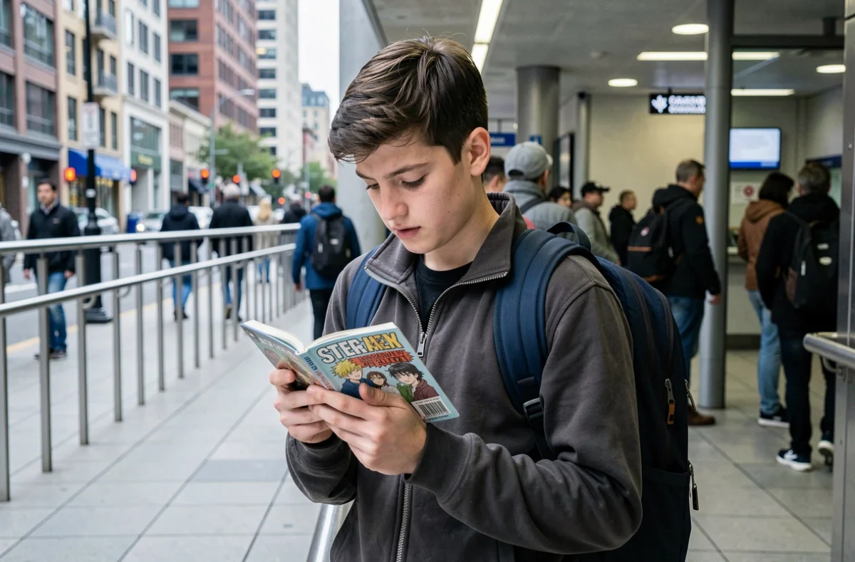 Adolescent lisant un scan One Piece VF sur son téléphone devant une station de métro en ville