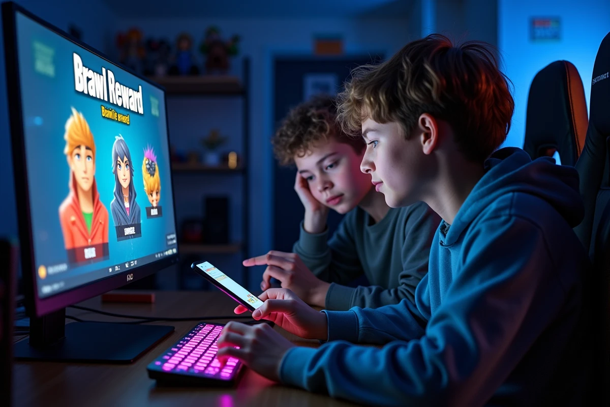 Deux adolescents cherchant des solutions alternatives à un code Brawl Stars expiré devant un setup gaming