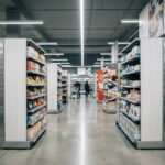 Agencement de rayonnages modulaires en grande surface par Someva, vue grand angle sur les allées d'un supermarché