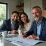 Agent immobilier en costume avec couple dans cuisine moderne