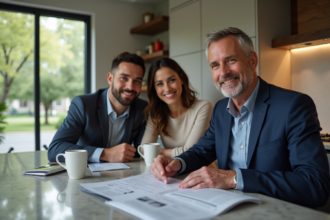 Agent immobilier en costume avec couple dans cuisine moderne
