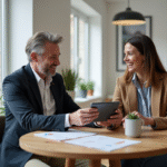 Agent immobilier montrant un DPE à une cliente dans un appartement moderne