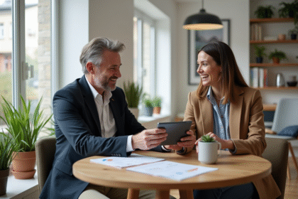 Agent immobilier montrant un DPE à une cliente dans un appartement moderne