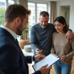 Agent immobilier en réunion avec un couple dans un salon moderne