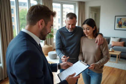 Agent immobilier en réunion avec un couple dans un salon moderne
