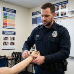 Agent de police démontrant l'application réglementaire des menottes lors d'une formation professionnelle