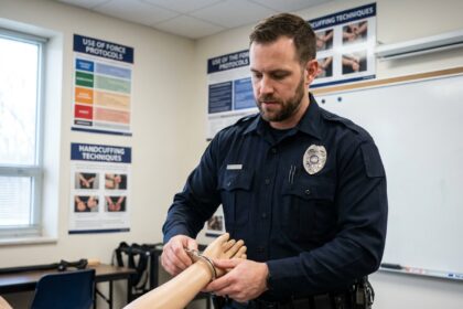 Agent de police démontrant l'application réglementaire des menottes lors d'une formation professionnelle