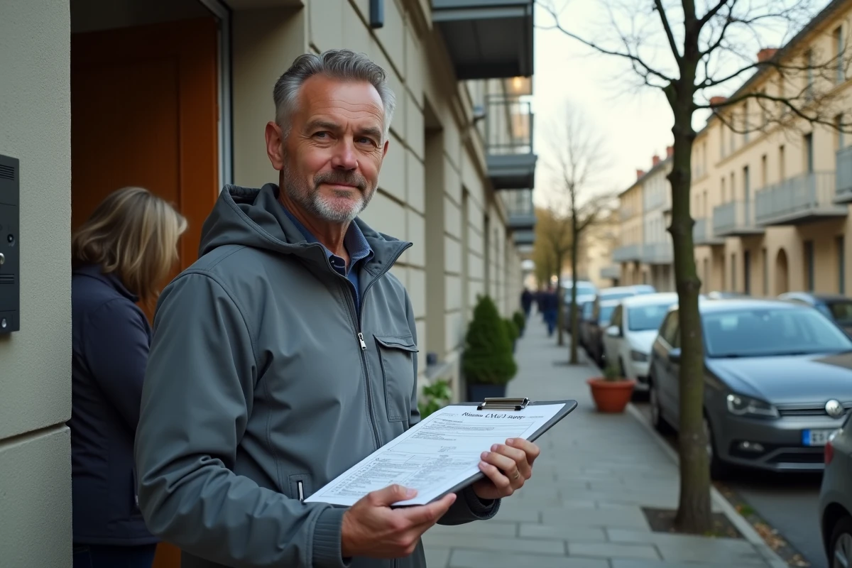 Agent recenseur de l'INSEE tenant un clipboard de questionnaire devant un immeuble résidentiel dans une banlieue française
