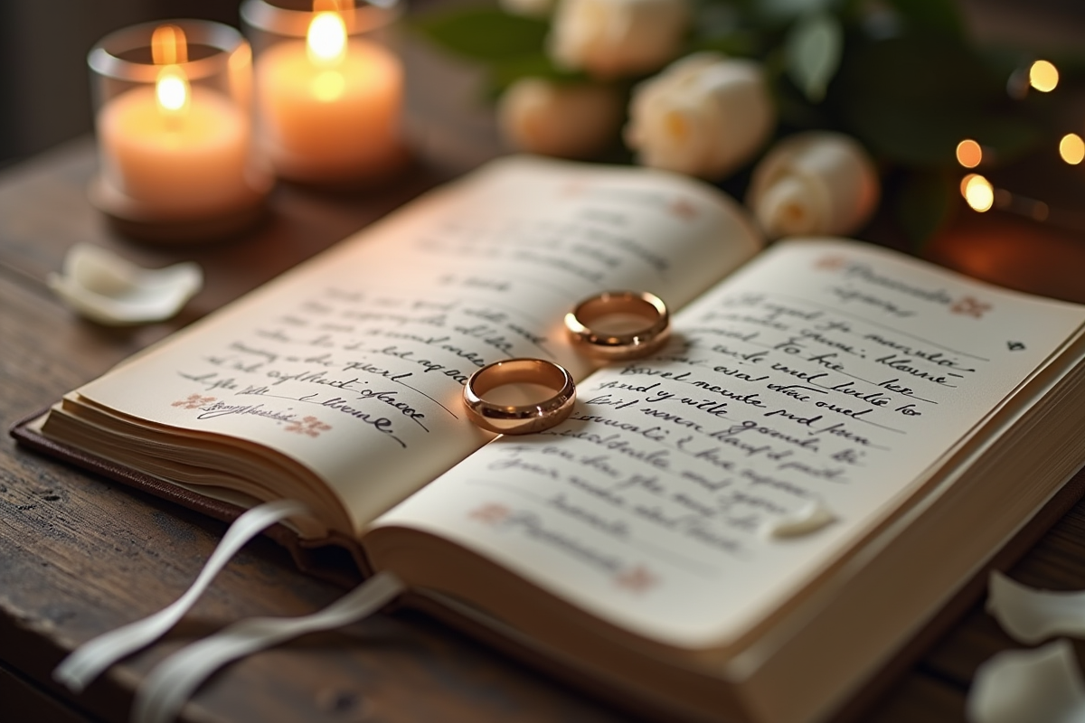 Alliances posées sur un livre de vœux avec pétales et bougie