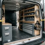 Aménagement intérieur professionnel d'un Ford Transit Custom avec étagères modulaires en bois et tiroirs métalliques dans l'espace de chargement