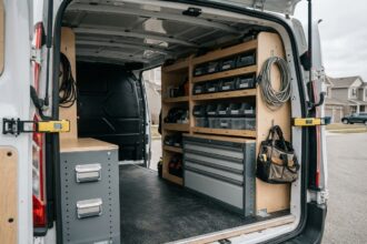 Aménagement intérieur professionnel d'un Ford Transit Custom avec étagères modulaires en bois et tiroirs métalliques dans l'espace de chargement