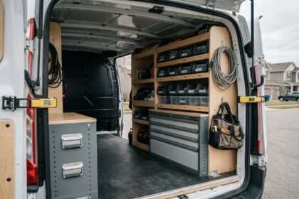 Aménagement intérieur professionnel d'un Ford Transit Custom avec étagères modulaires en bois et tiroirs métalliques dans l'espace de chargement