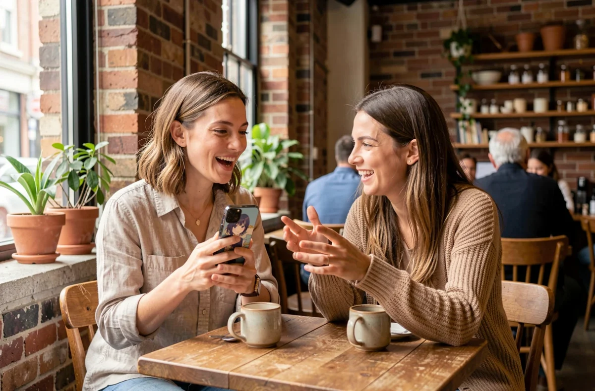 Deux amies discutant de leurs personnages d'anime préférés dans un café chaleureux, l'une montrant un husbando sur son téléphone
