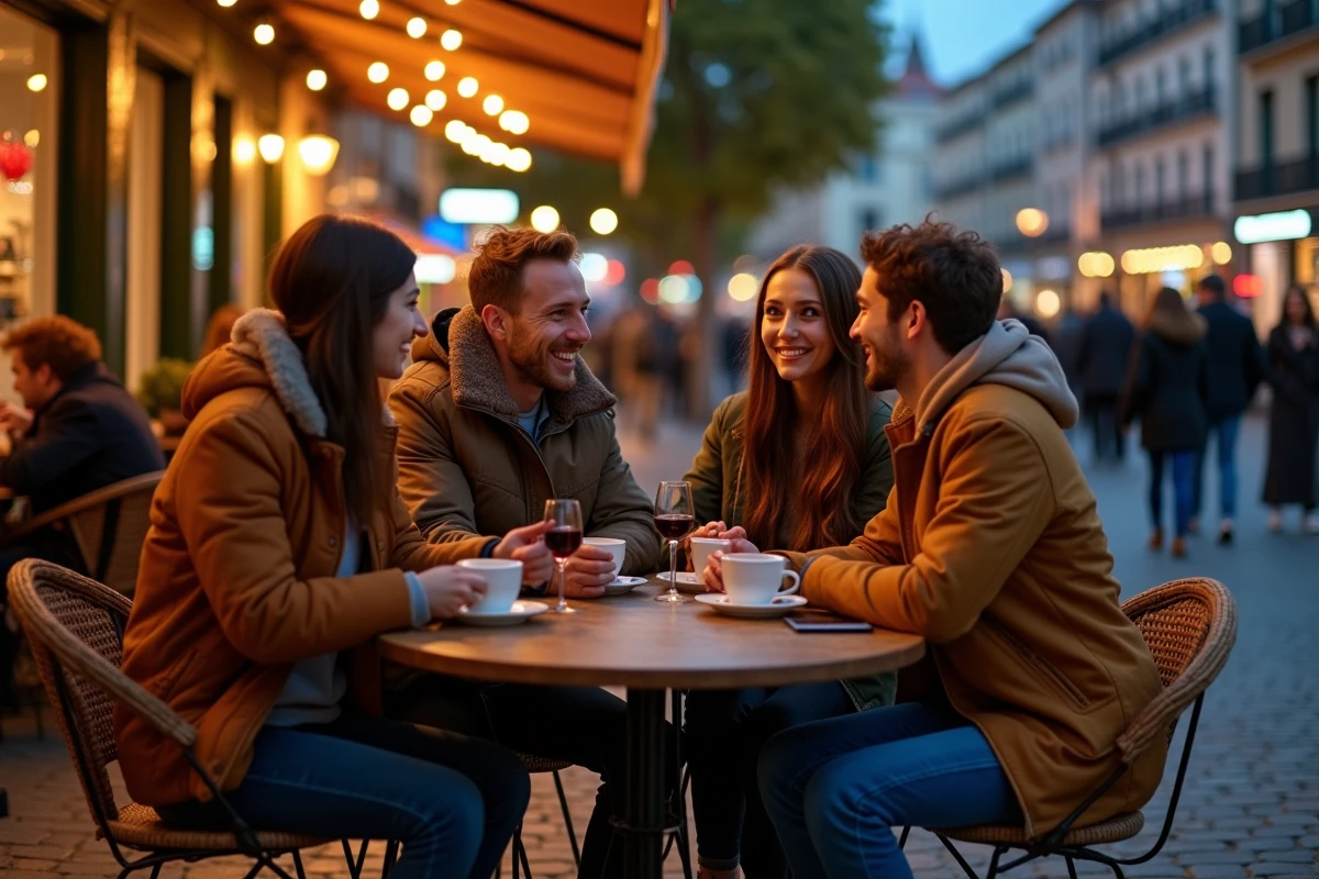 Groupe d amis discutant au café place Victor Hugo