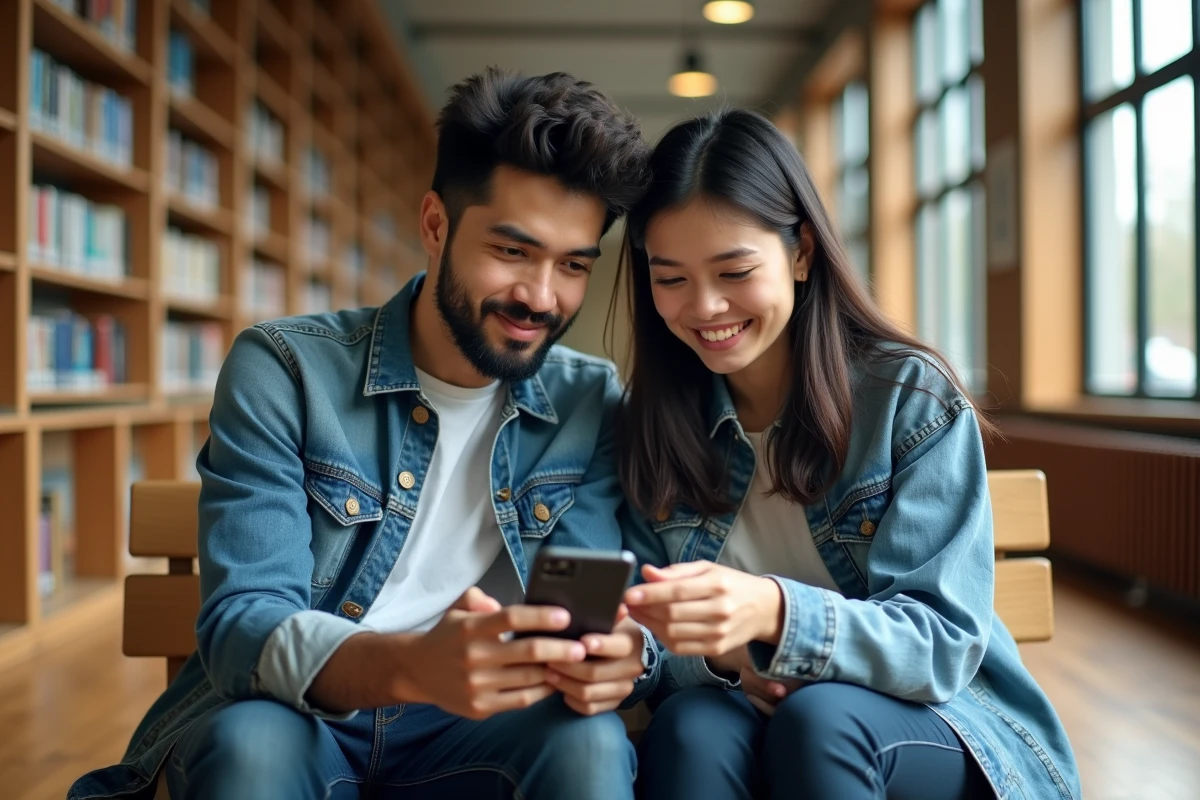 Deux amis lisant ensemble un scan manga en haute qualité sur smartphone dans une bibliothèque publique