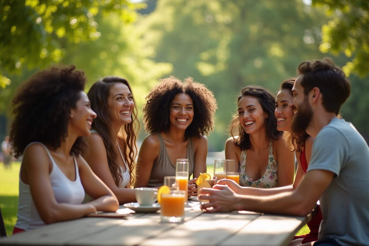 Groupe d amis souriants lors d un pique nique dans un parc en après midi