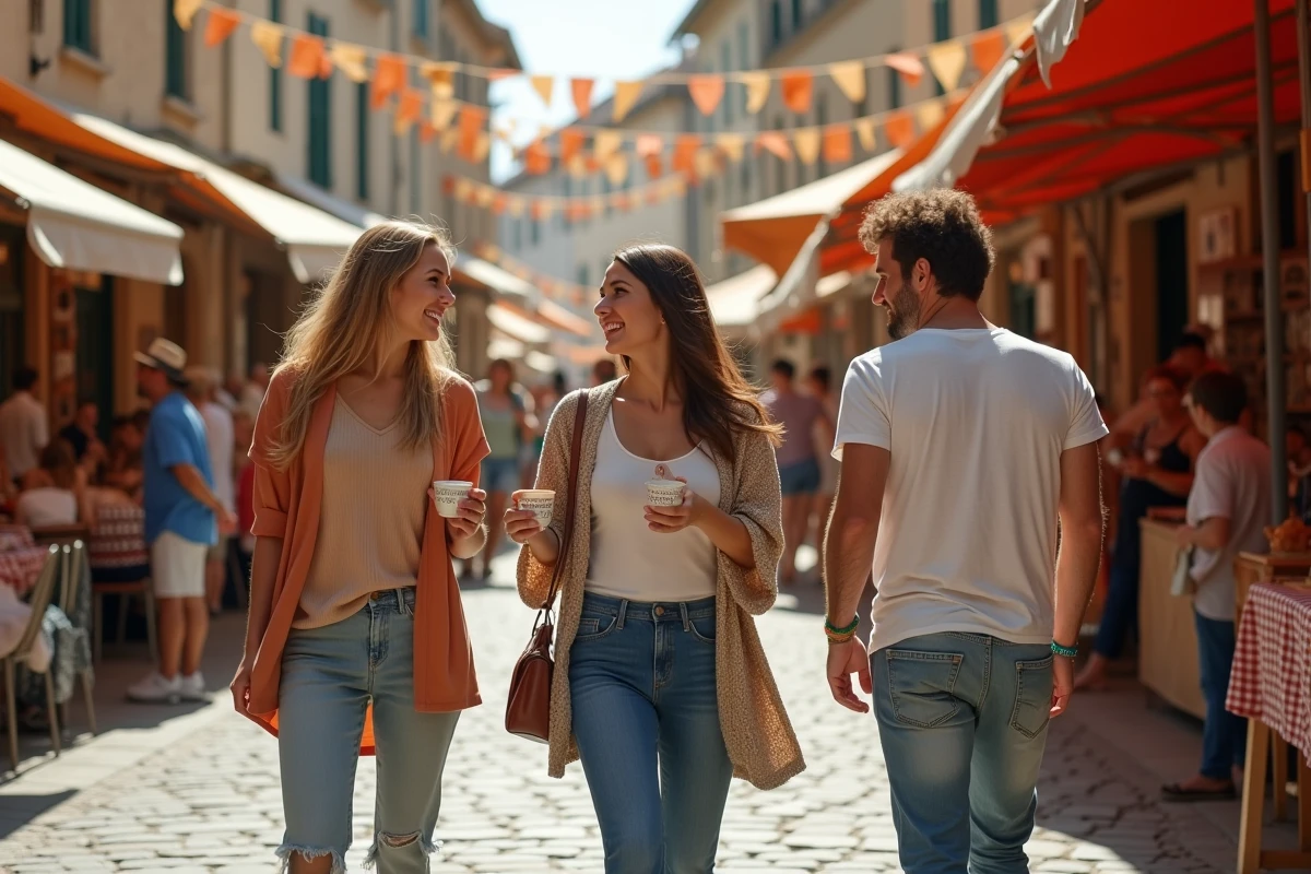 Groupe d'amis déambulant dans les ruelles du village de Luynes pendant le festival avec stands artisanaux