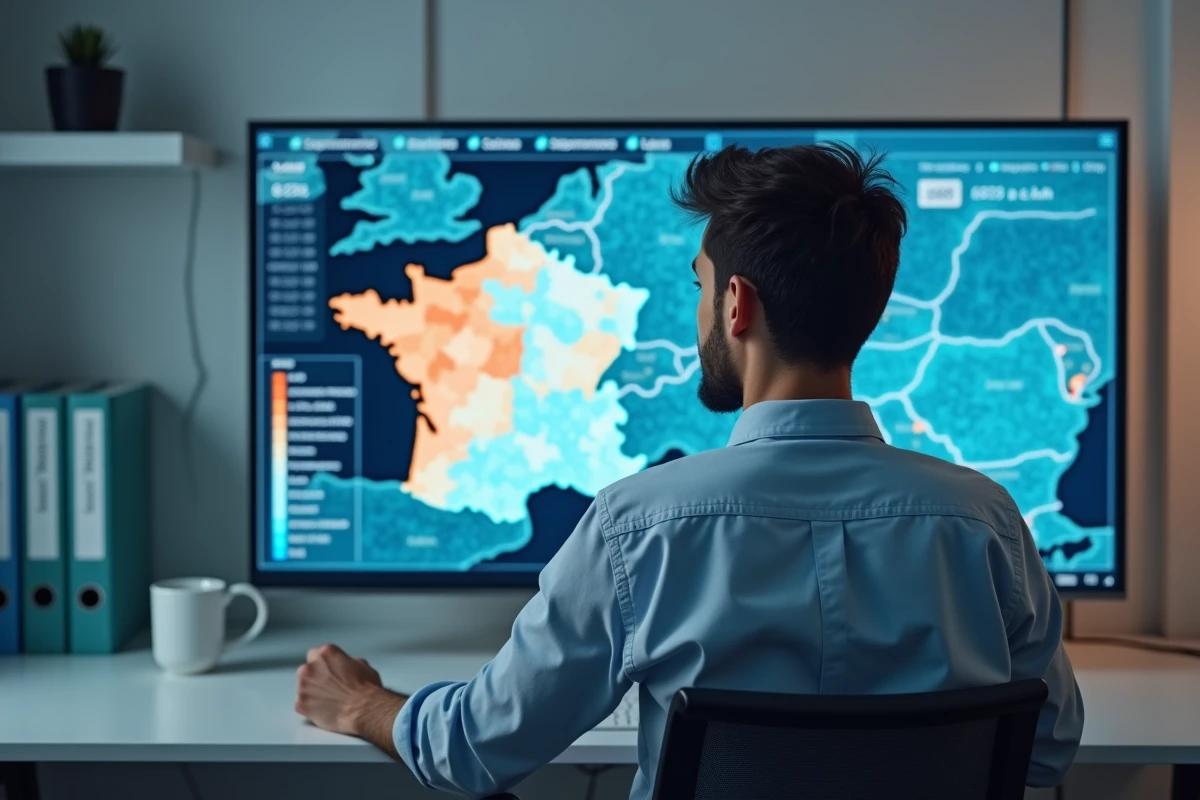 Analyste de données étudiant une carte statistique interactive de la France sur grand écran dans un laboratoire de visualisation moderne