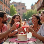 Groupe d'amis fêtant un anniversaire en terrasse à Toulouse avec cocktails et gâteau scintillant sur fond du Capitole