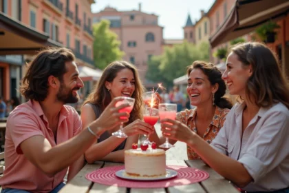 Groupe d'amis fêtant un anniversaire en terrasse à Toulouse avec cocktails et gâteau scintillant sur fond du Capitole