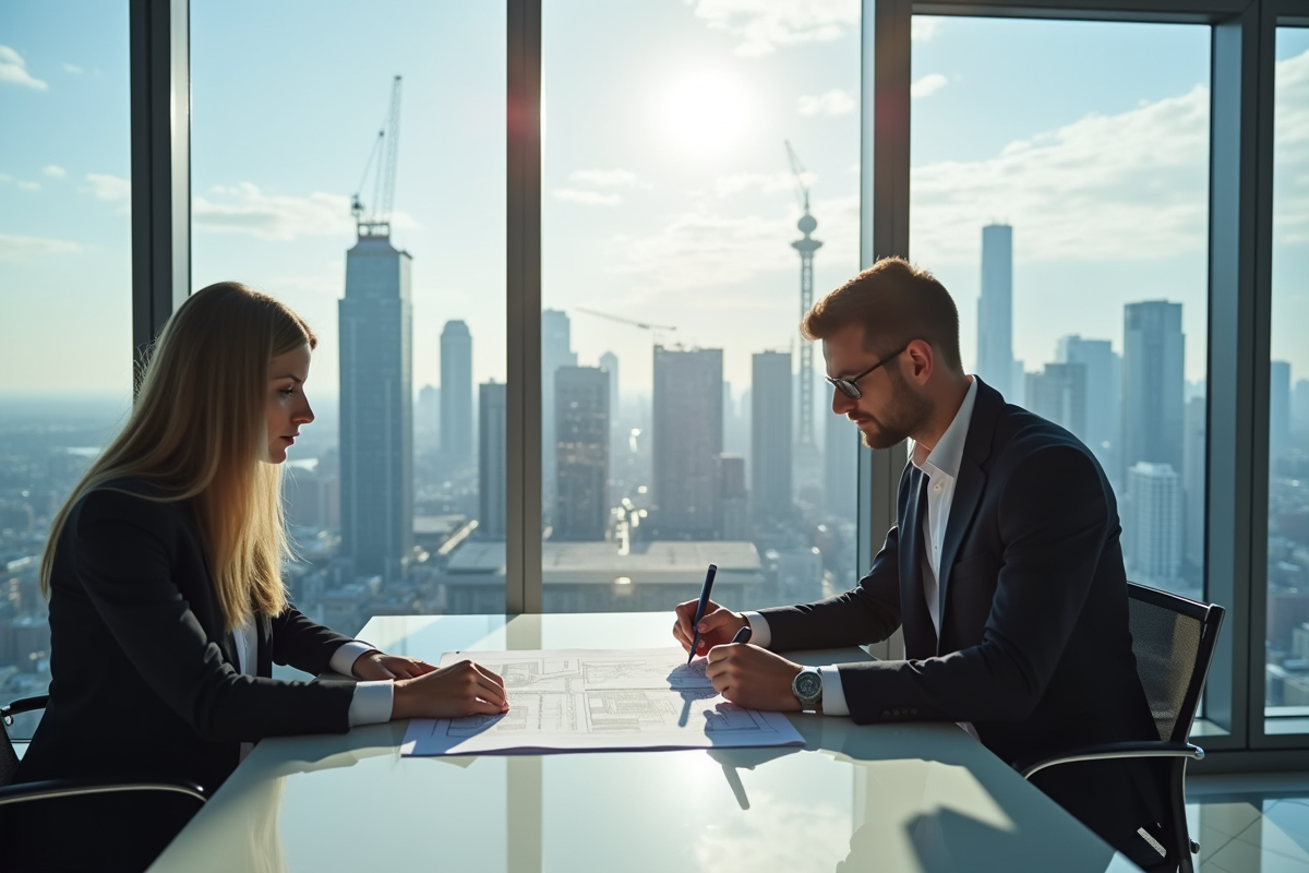 Architecte et urbaniste examinant des plans dans un bureau moderne