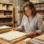 Archiviste examinant un document historique ancien dans une salle de lecture d'archives, entourée de registres et de dossiers classés