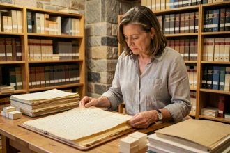 Archiviste examinant un document historique ancien dans une salle de lecture d'archives, entourée de registres et de dossiers classés