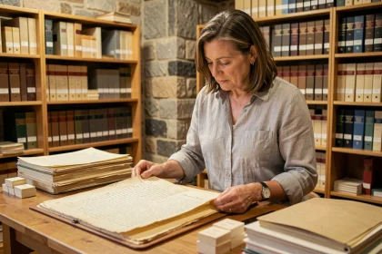 Archiviste examinant un document historique ancien dans une salle de lecture d'archives, entourée de registres et de dossiers classés