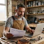 Artisan auto-entrepreneur assis à son établi, consultant un devis imprimé tout en travaillant sur son ordinateur portable dans son atelier.