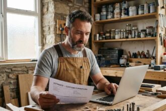 Artisan auto-entrepreneur assis à son établi, consultant un devis imprimé tout en travaillant sur son ordinateur portable dans son atelier.