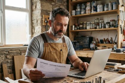 Artisan auto-entrepreneur assis à son établi, consultant un devis imprimé tout en travaillant sur son ordinateur portable dans son atelier.