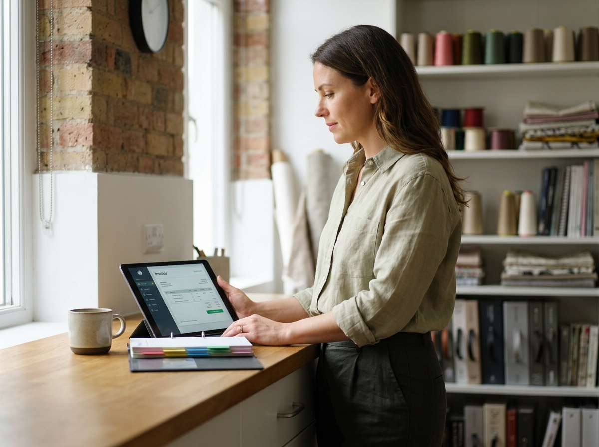 Artisane auto-entrepreneuse debout dans son espace de travail à domicile, saisissant une facture sur une tablette numérique avec ses dossiers clients à portée de main.