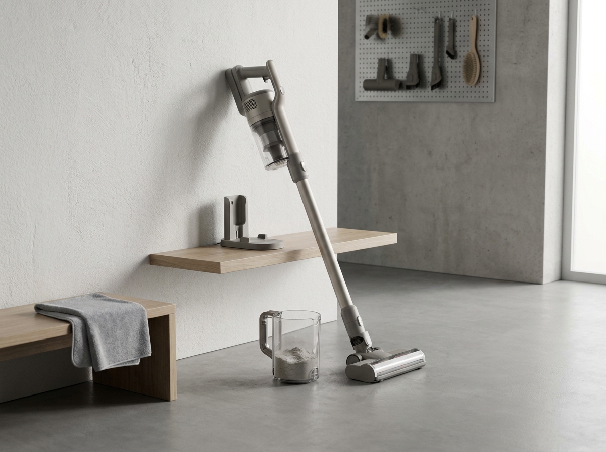 Aspirateur balai sans fil avec bac à poussière détaché et station de charge dans une buanderie minimaliste