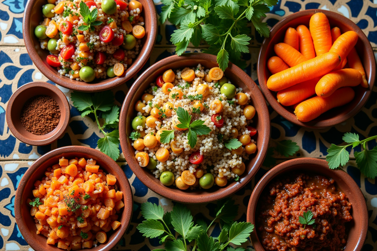 Assortiment de salades marocaines sur des assiettes en terre cuite avec épices