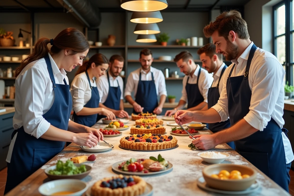 Groupe d'amis participant à un atelier cuisine pour fêter un anniversaire original à Toulouse
