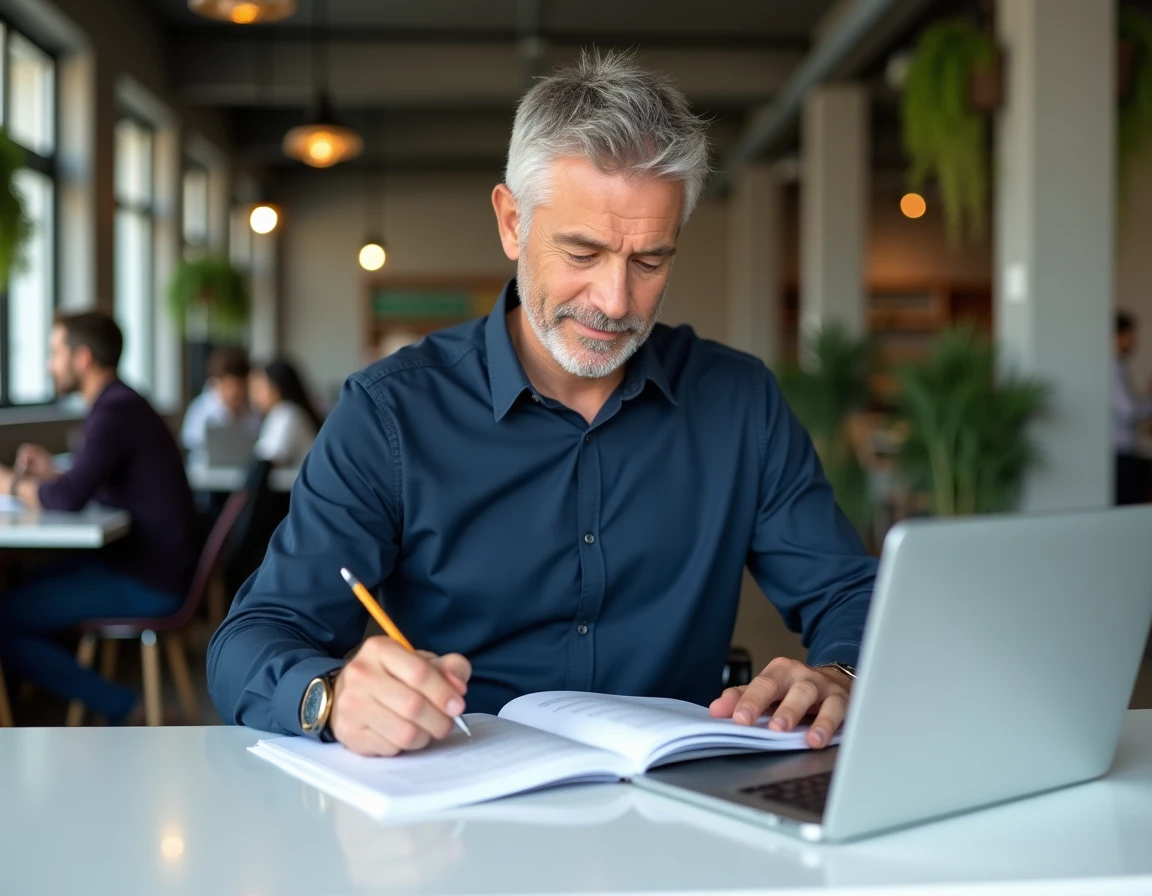 Auteur masculin relisant les épreuves imprimées de son livre auto-publié dans un espace de coworking moderne
