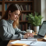 Femme auteure travaillant sur la mise en forme de son livre pour Kindle Direct Publishing depuis son bureau à domicile