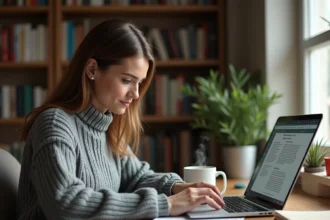 Femme auteure travaillant sur la mise en forme de son livre pour Kindle Direct Publishing depuis son bureau à domicile
