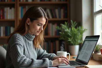 Femme auteure travaillant sur la mise en forme de son livre pour Kindle Direct Publishing depuis son bureau à domicile