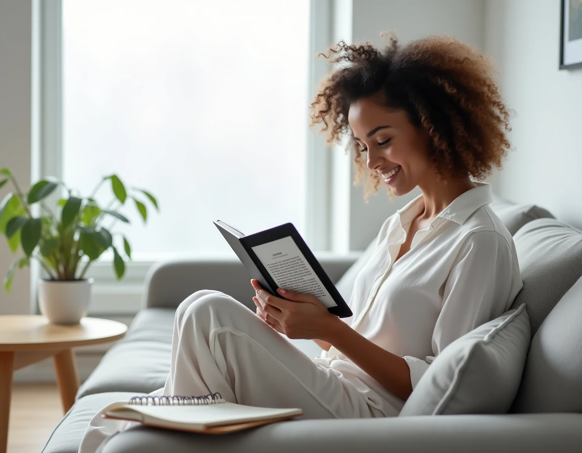 Jeune auteure tenant une liseuse Kindle affichant la couverture de son premier livre publié via KDP