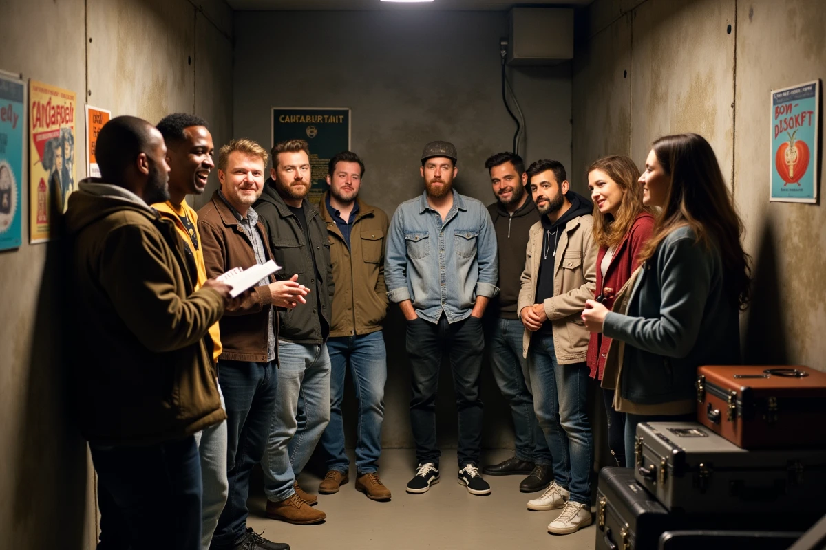 Groupe de comédiens et musiciens en coulisses