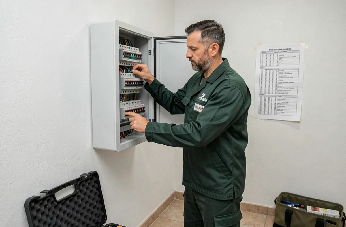 Philippe Balcerzak, électricien, installant un tableau électrique modulaire dans une pièce technique résidentielle