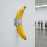 Une banane jaune fixée avec du ruban adhésif argenté sur un mur de galerie d'art contemporain blanc, avec des visiteurs flous en arrière-plan