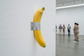 Une banane jaune fixée avec du ruban adhésif argenté sur un mur de galerie d'art contemporain blanc, avec des visiteurs flous en arrière-plan